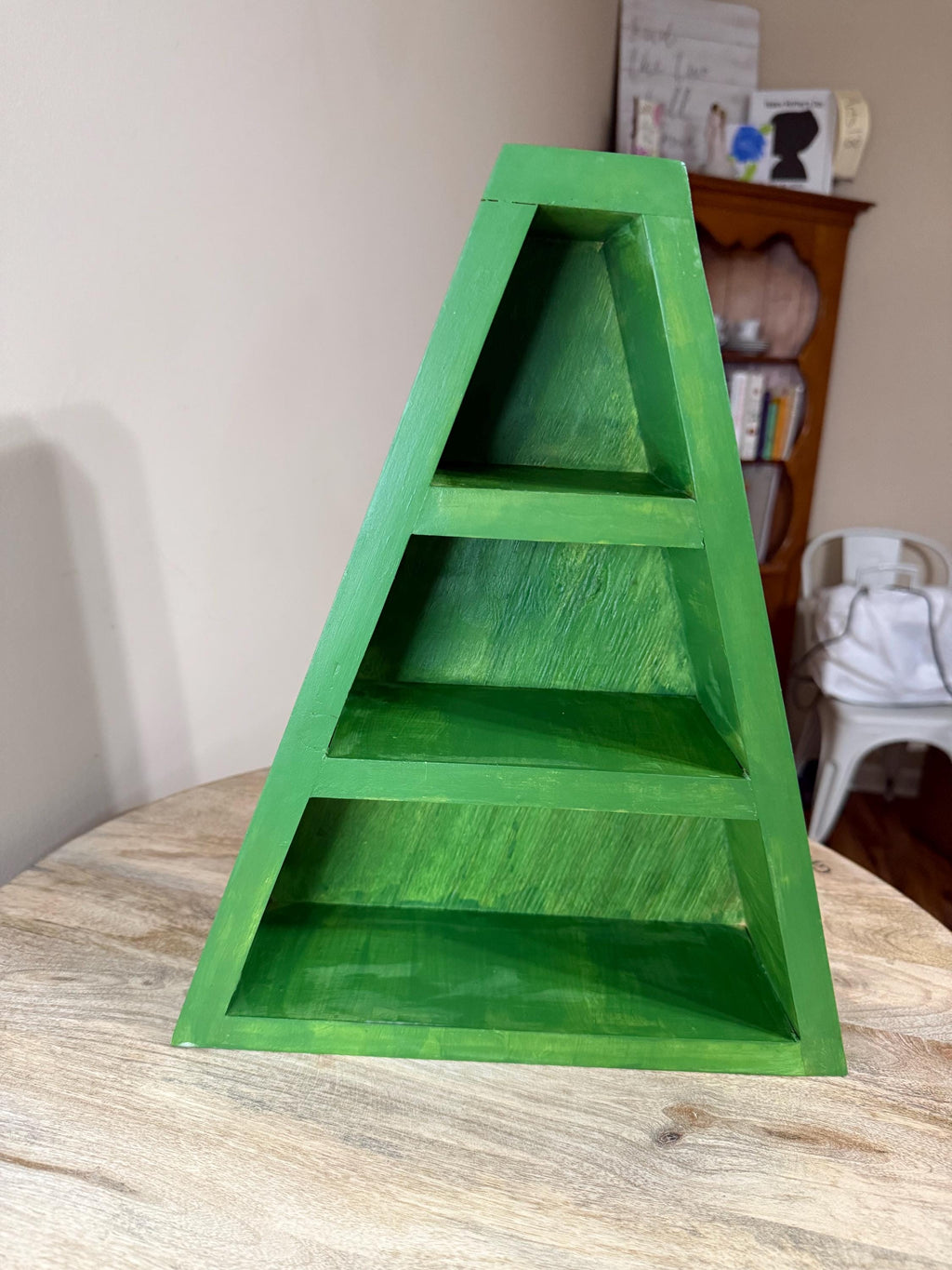 Handpainted Green Wooden Tree Shadow Box & Tiered Display Shelf