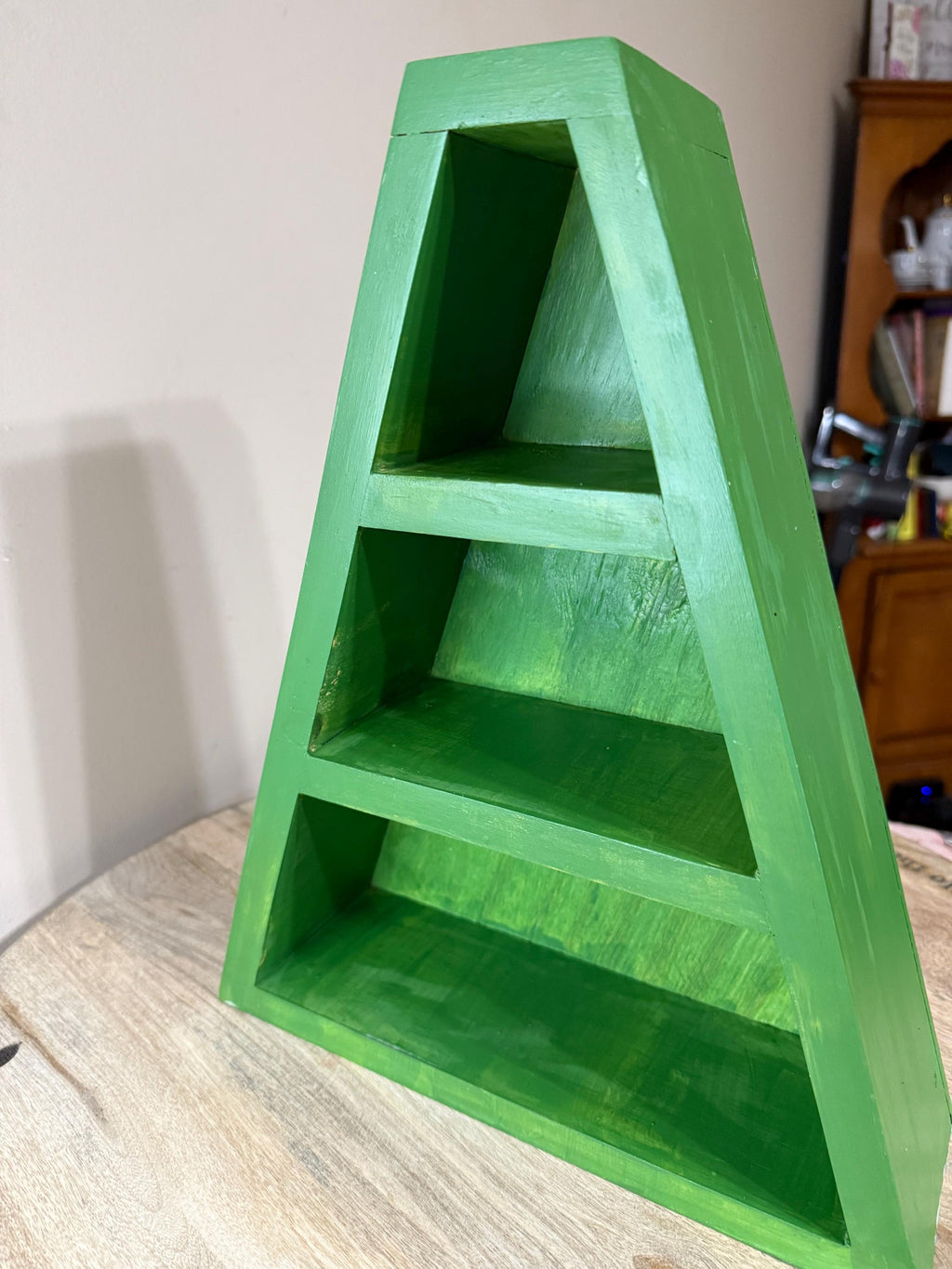 Handpainted Green Wooden Tree Shadow Box & Tiered Display Shelf