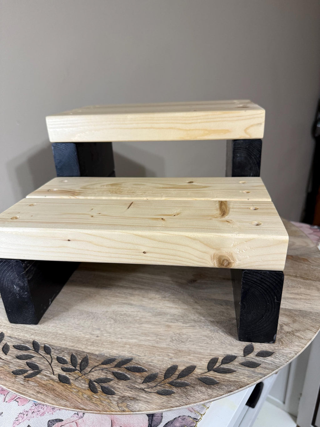 Two-Tone Handcrafted Wooden 2-Tier Riser & Display Stand